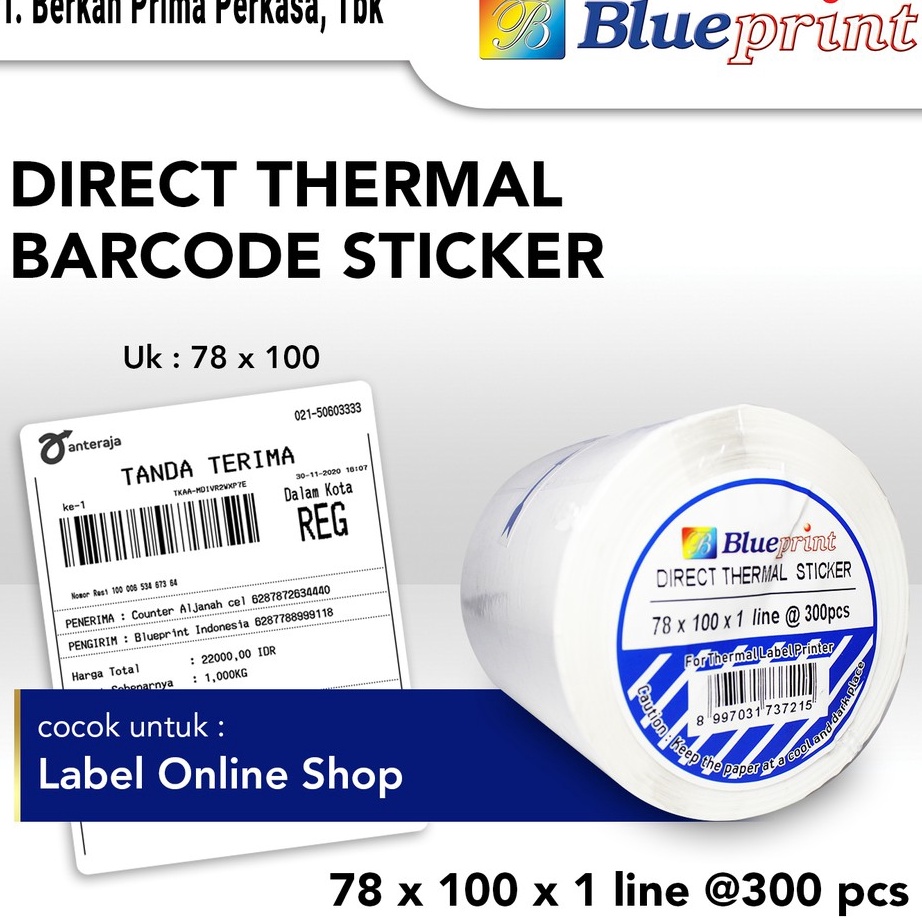 

[KODE PRODUK T6PAJ7284] Direct Thermal Sticker , Stiker Label Online Shop BLUEPRINT 78 x 100 , 78x100 mm isi 300Pcs - 1 Roll