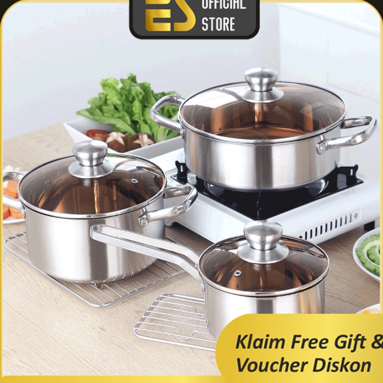 Sale ES Set Panci Masak Stainless Steel Satu Set Isi Tiga Wajan Panci Murah Tahan Lama Set Alat Masa