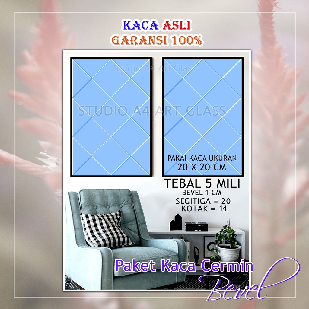 CERMIN KACA BEVEL 34 BIJI TEBAL 5 MILI bevel 1 cm-kaca estetik-kaca moulding-kaca hias-kaca dinding-