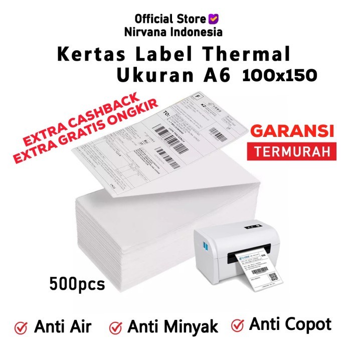 

Terlaris Kertas Resi Thermal Sticker 100X150 Barcode Size A6 5Pcs @500Pcs