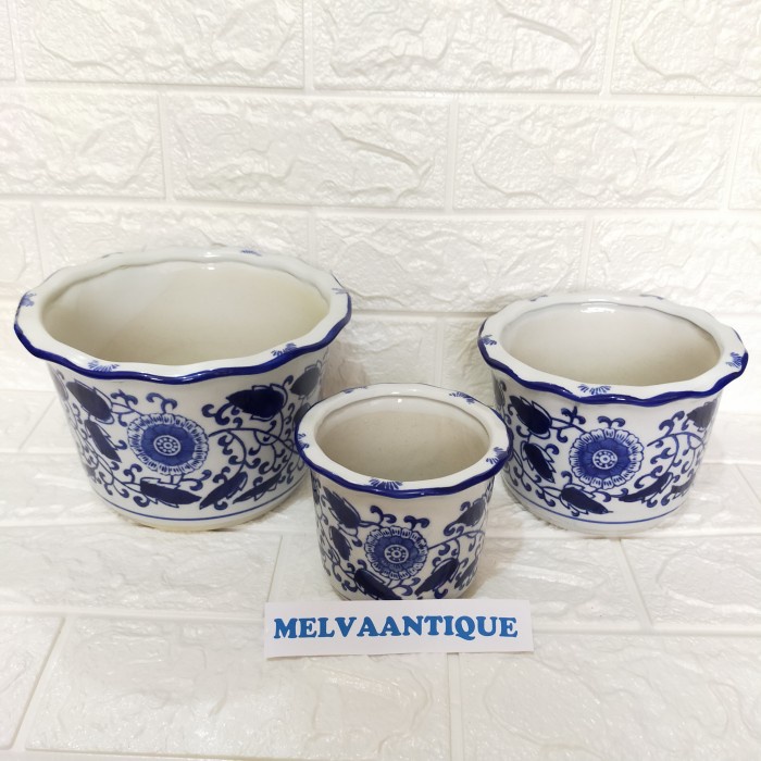 Pot Tanam Keramik set 3 pcs motif Bulat + pot tanam keramik
