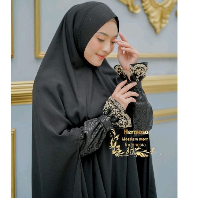 [Gamis Hermosa] Gamis embos Hermosa motif flower hitam manset flower-gamis embos manset flower