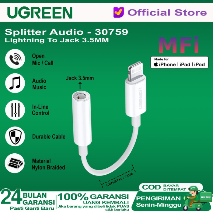 UGREEN Splitter iPhone MFi Lightning To Jack 3.5mm 30759 30756