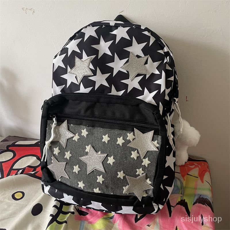 [✅BISA COD] #Sisjuly# Tas Y2K wanita / tas bahu hitam splicing bintang retro baru / tas bahu hitam gaya kampus / tas ransel perjalanan berkapasitas besar mahasiswa