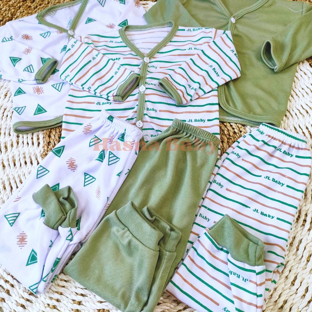 Paket 6Pcs, Setelan Baju Bayi Baru Lahir Lengan Dan Celana Panjang Baby Newborn Gift Set Seri Hijau Sage- Juragan Lebak