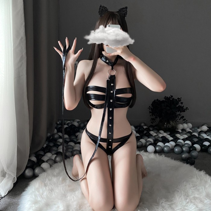 Qilei Lingerie Cosplay Leather Temptation Tali Leher Patent-4001 Terbaru
