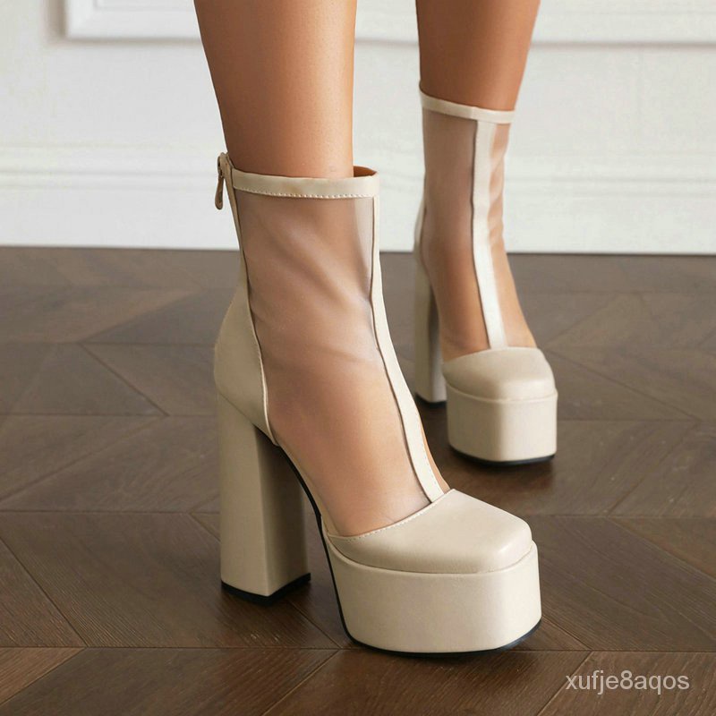 Women's Short Boots Square Toe Thick Heel Super High Heel Platform Women's Mid Boots Sandal Boots Ho