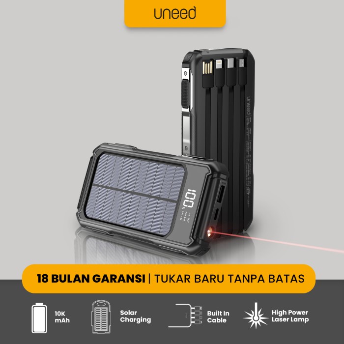 Terlaris Uneed Powerbank Solar 10000Mah Built In Cable Fast Charging - Upb701
