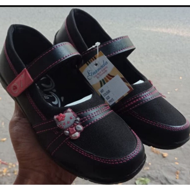 Sepatu Sekolah Anak Cewek TK dan SD Anak Perempuan Hitam Tanpa Tali size 28- 35 Model #Terbaru (