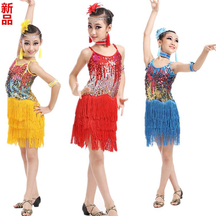 New Children's Latin Dance Clothes Girls Sequins Tassel Latin Dance Dress Children's Latin Dance Clo
