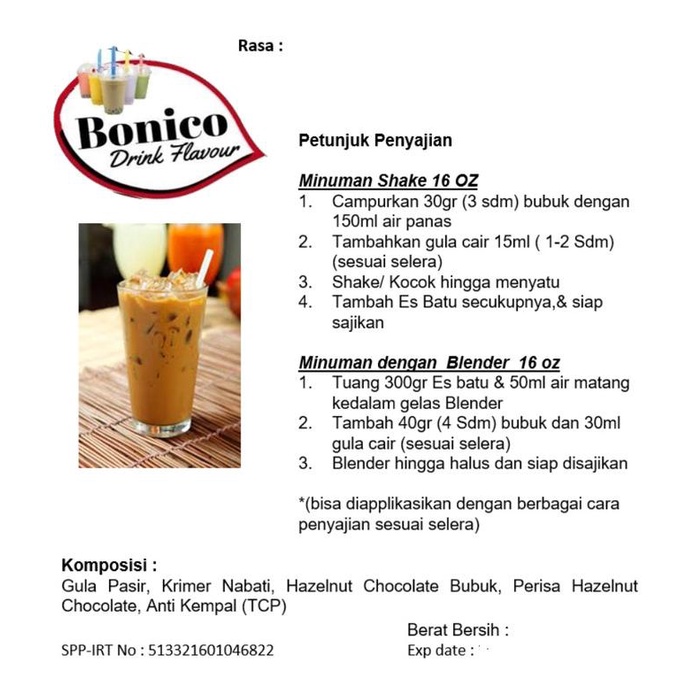 

BONICO HAZELNUT CHOCOLATE powder 500gr Bubuk minuman Coklat powder