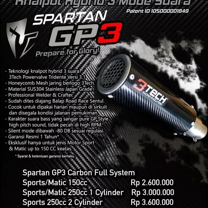 Diskon Knalpot 3 Suara Tipe Spartan Gp3 (150Cc) Carbon Edition Fullsistem