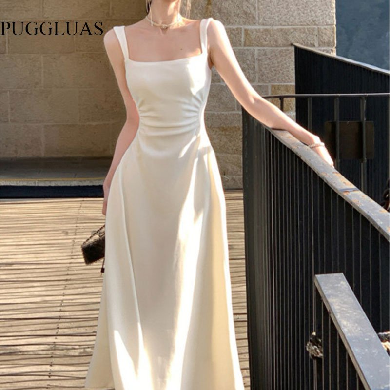 ❤2023 Summer Evening Party White Midi Dress Office Lady Slim Sexy Sleeveless Strap Dress Beach Style