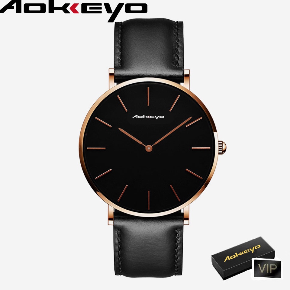 Harga Bersahabat.. AOKEYO J89 Jam Tangan Pria Kulit Original Anti Air Keren Sangat Tipis Quartz Sports Analog Jam Tangan Cowok（Free BOX+Kartu）