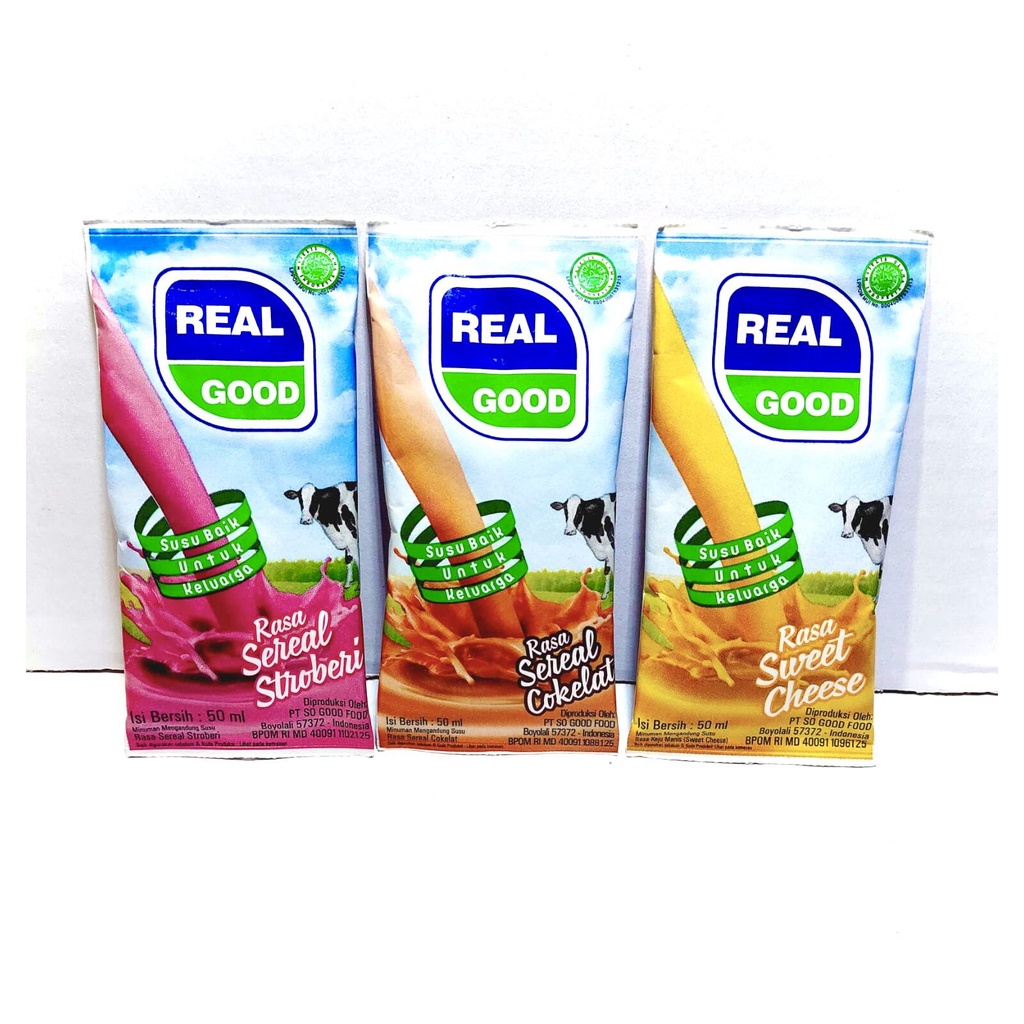 

Susu Bantal Real Good 1 Dus Karton isi 60pcs @50ml Rasa Cokelat, Coklat, Stroberi, & Keju