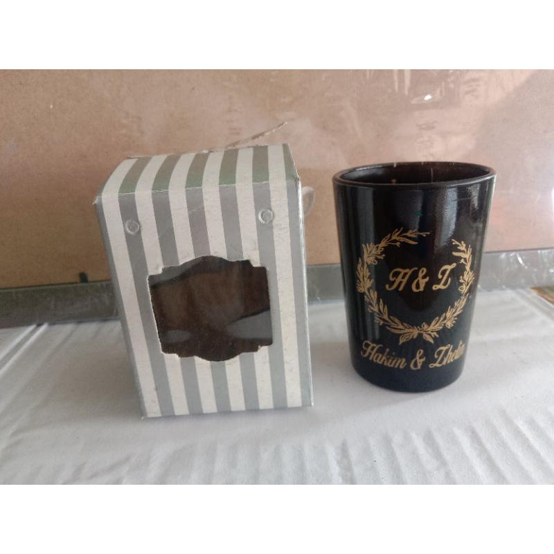 Souvenir gelas jamu/souvenir gelas hitam/gelas laminasi hitam/gelas kaca hitam/souvenir gelas kecil