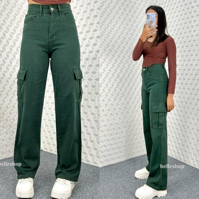 Keira Celana Kulot Jeans Cargo Wanita Highwaist Kekinian Premium Army