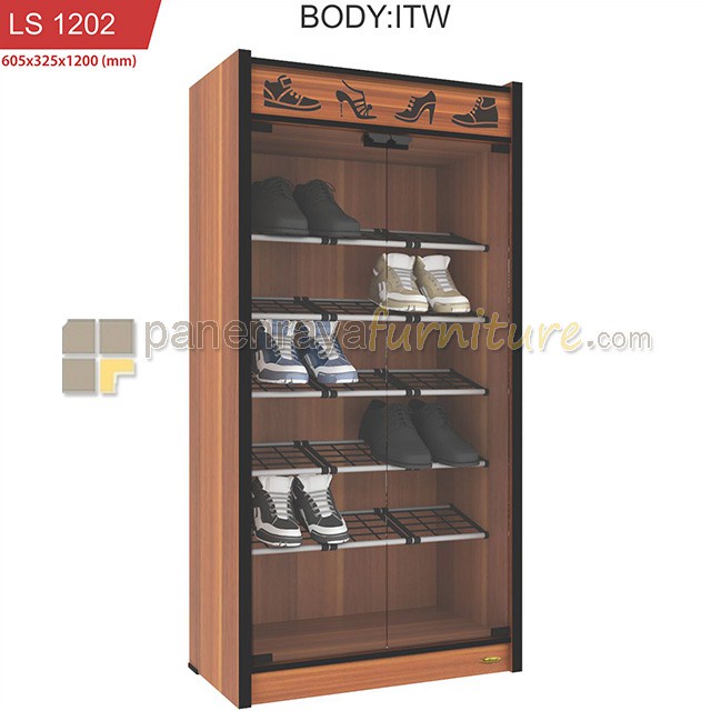 Lemari Sepatu / Rak Sepatu 2 Pintu Kaca ROMARO LS 1202 (Italian Walnut)