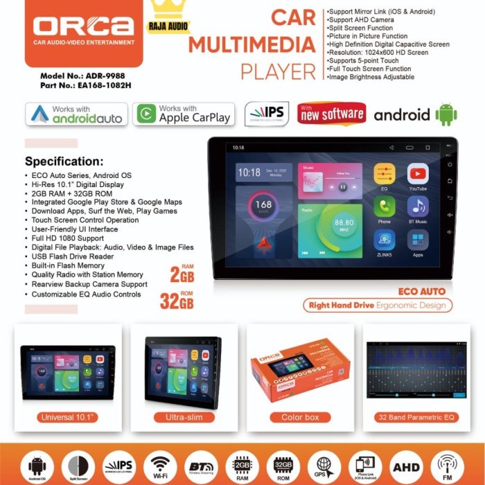 Terlaris Orca Adr-9988 Android 9 Inch Head Unit Double Din Tape Mobil Audio