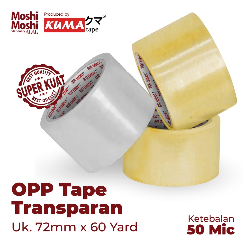 

Lakban Moshi Kuma 3 inch 60 Yard Bening Transparan Isolasi Tape Perekat Kuat