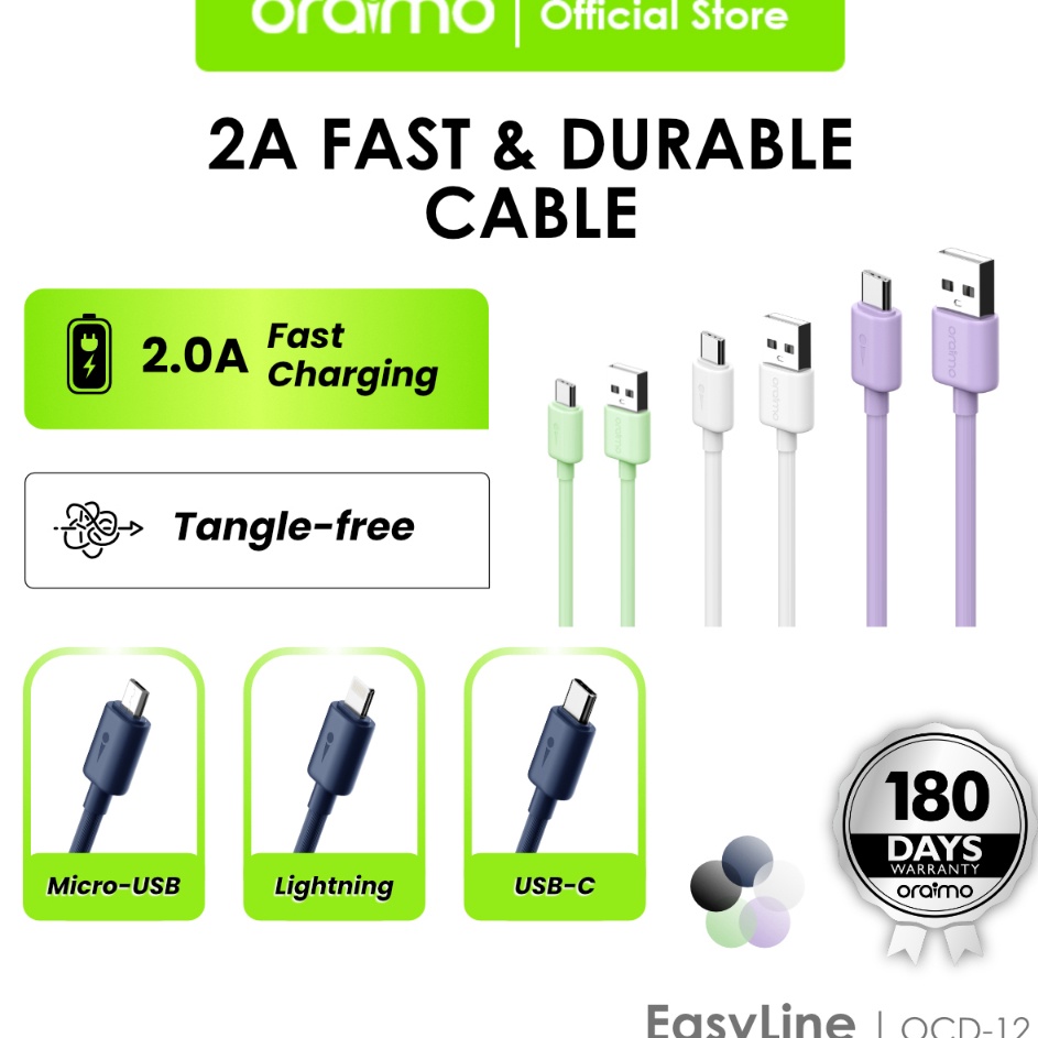 ✡EEa Oraimo Data Cable Kabel Micro USB Lightning Type-C 5V 2A Fast Charging Durable 1m OCD-12 ✦ ✯