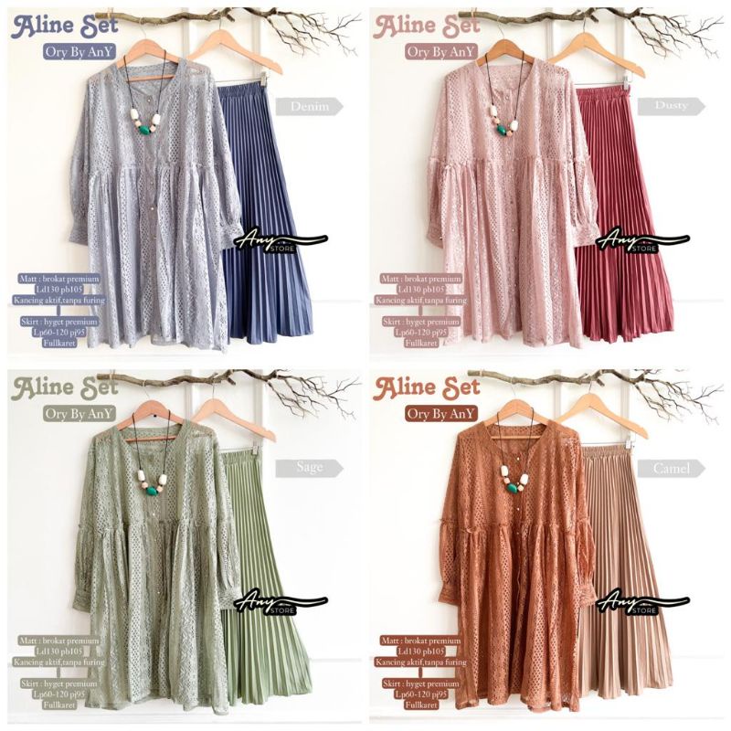 ALINE SET/ SETELAN TUNIK BRUKLAT ROK PLISKET ORI ANY