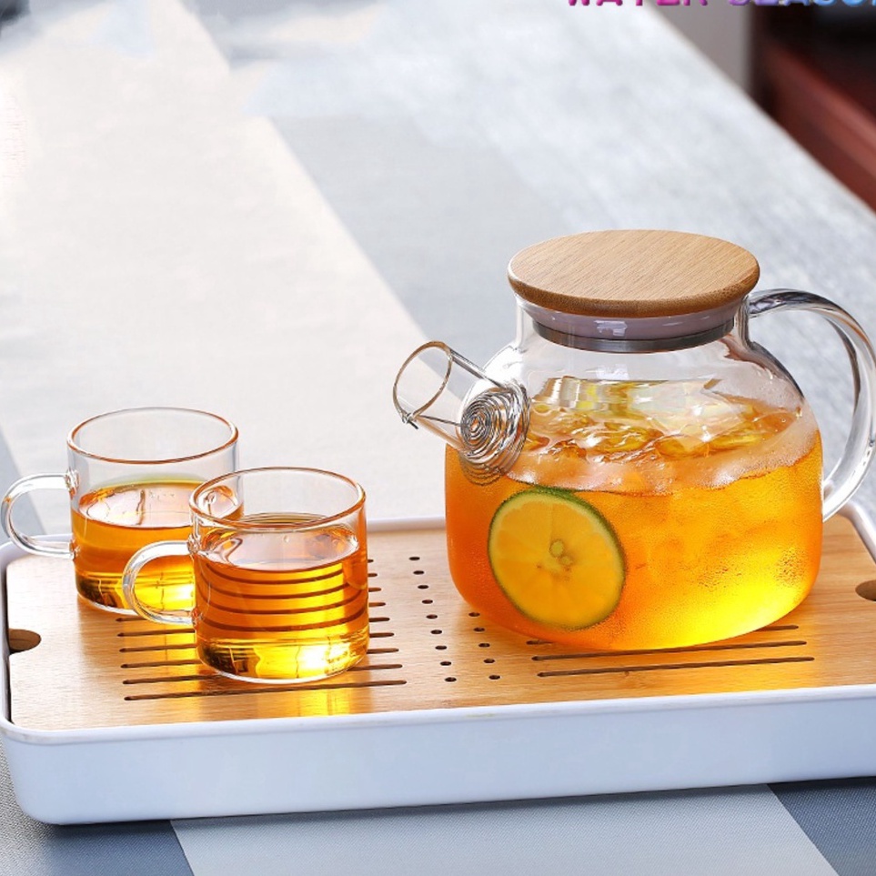 ￣ Teapot Teko Teh Air Panas Kaca Dengan Tutup Kayu Anti Panas High Borosilicate Berkualitas Tekko Ka