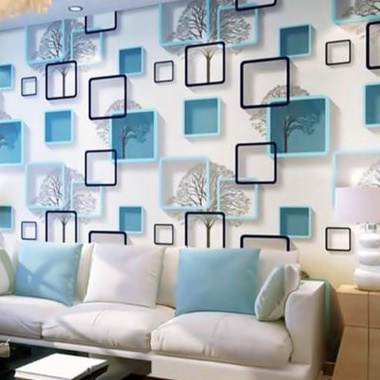 ➮ Wallpaper Dinding Kamar Tidur Ruang Tamu 3D POHON KOTAK BIRU Walpaper Stiker Dekorasi Rumah Murah ❇ ✷