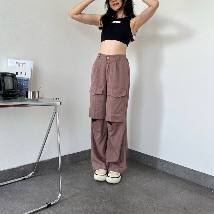 Zoya Cargo Pants - Celana Panjang Wanita Pinggang Karet Polos Korea
