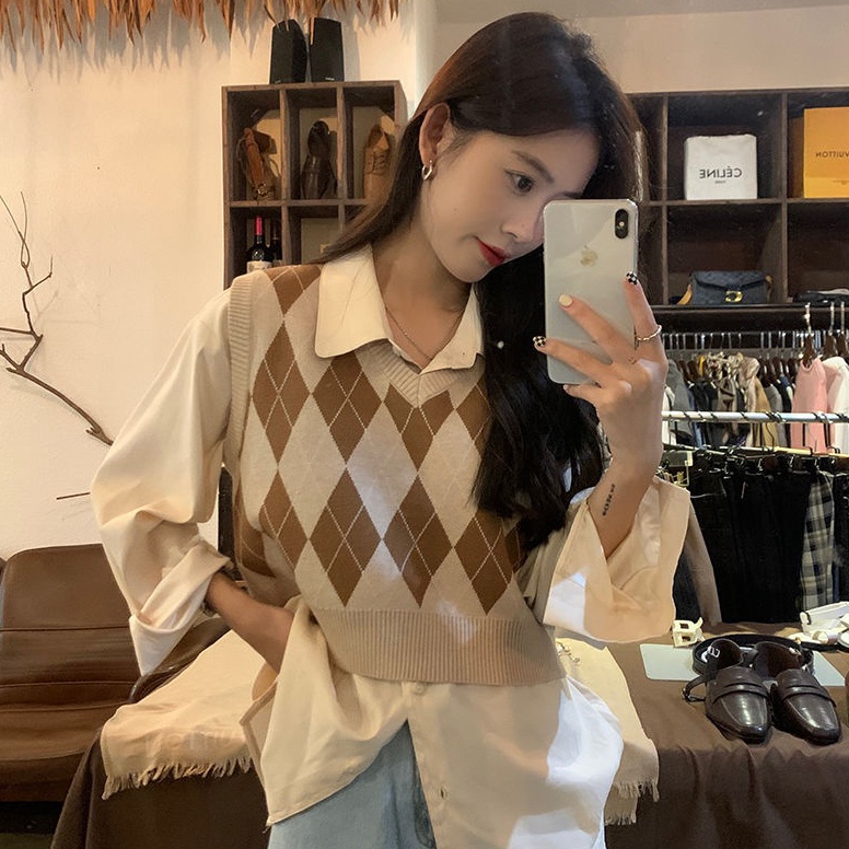 Sale.. Pakaian luar kasual rompi kotak-kotak leher V rajutan Korea