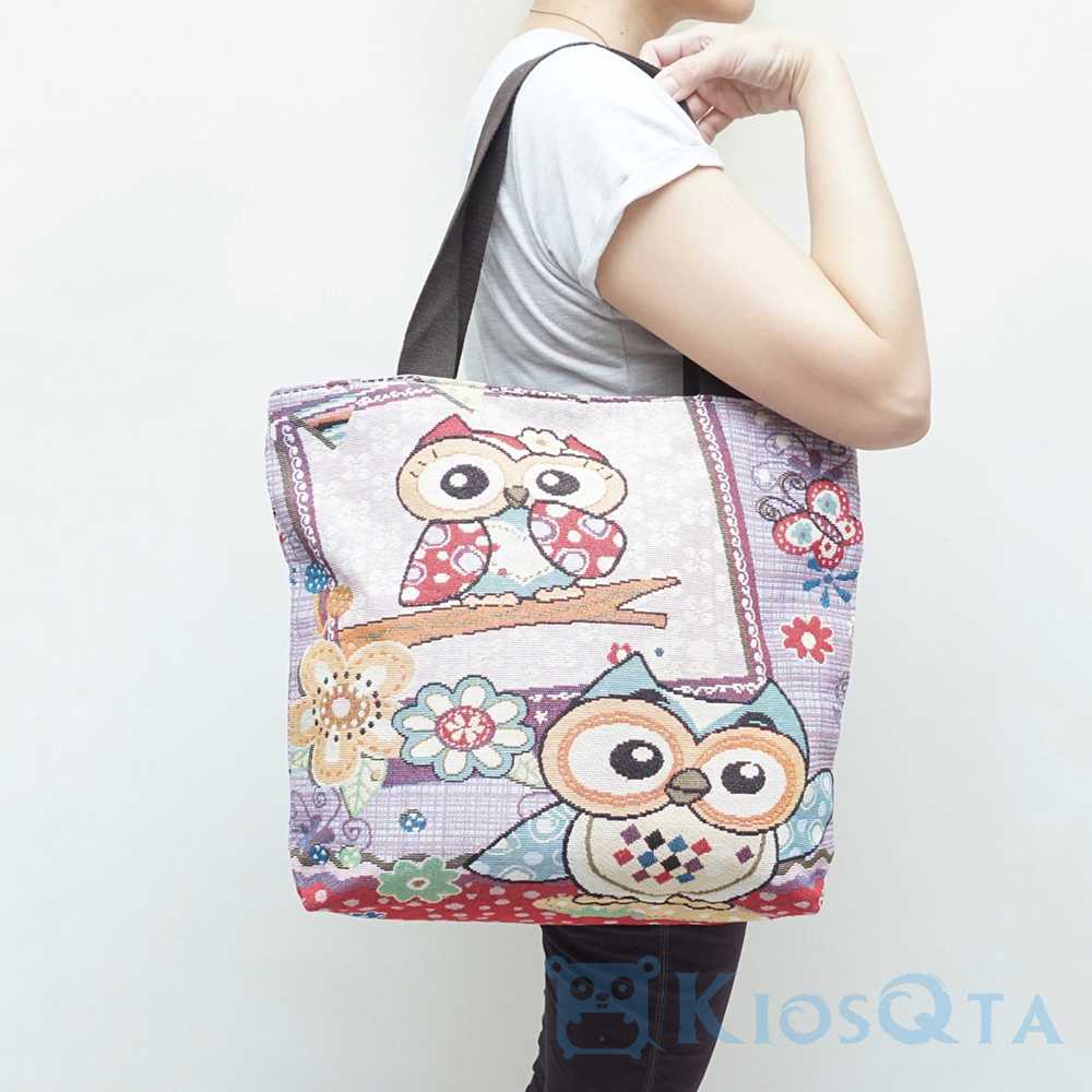best NEW tas tote bag thailand owl burung hantu bahan kanvas ukuran large FEB D