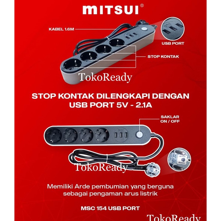 AC Stop kontak mitsui 4 lubang 3 USB port terminal kuningan SNI ❄ W ✪