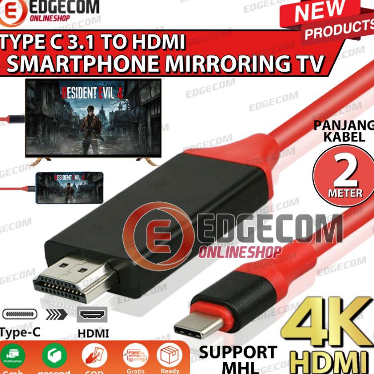 ➞ Kabel USB 3.1 TYPE C to HDMI Mirroring HDTV  / Smartphone to TV / HP TO TV ✧ (Murah)