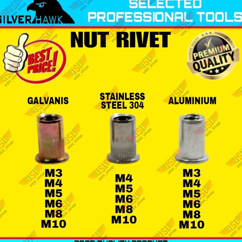 Baru Rivet Nut M5 GALVANIS/STAINLESS STEEL/ALUMINIUM Mur Rivet Tanam Rifnut Nutsert 94