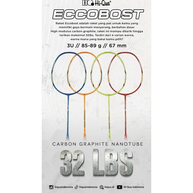 Raket Badminton HIQUA HQ ECCOBOOTS 6000/7000/8000/9000 kuat 32 LBS ORI