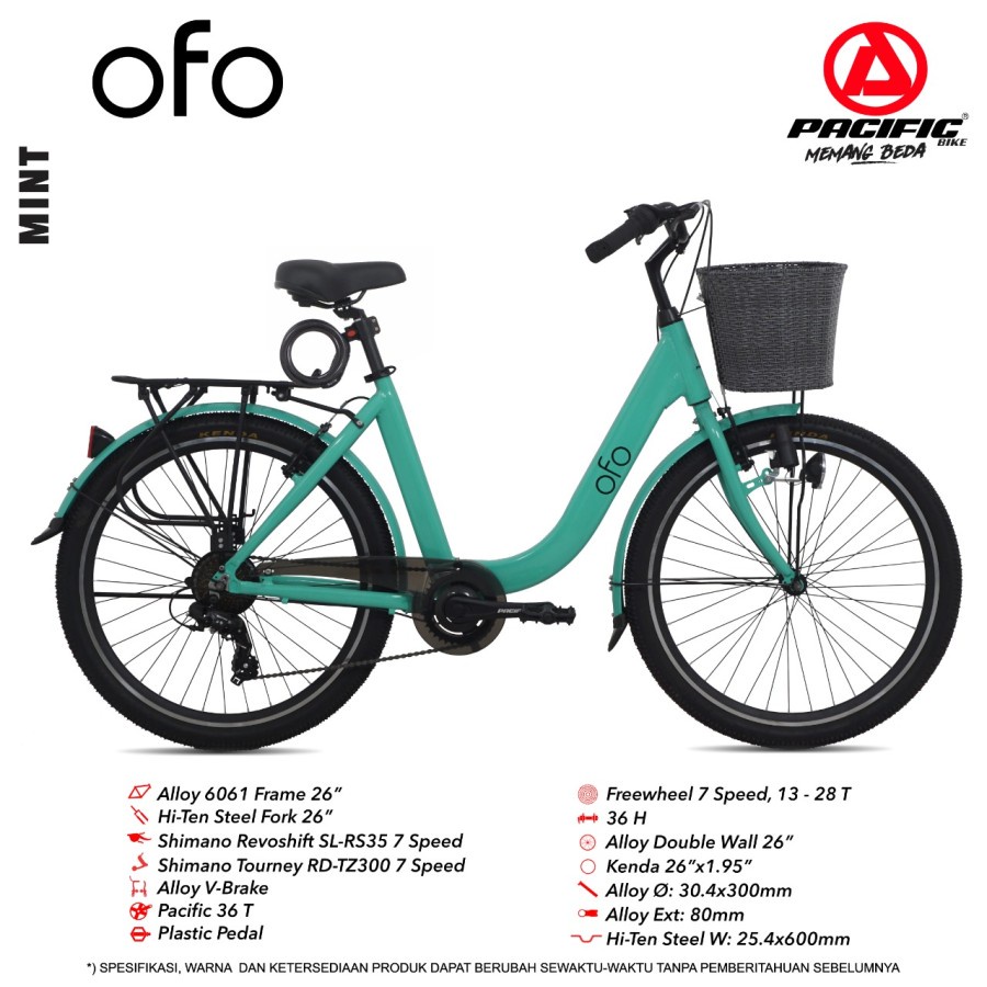 sepeda city bike 26" PACIFIC OFO 7 Speed Original Garansi 5 tahun - mint
