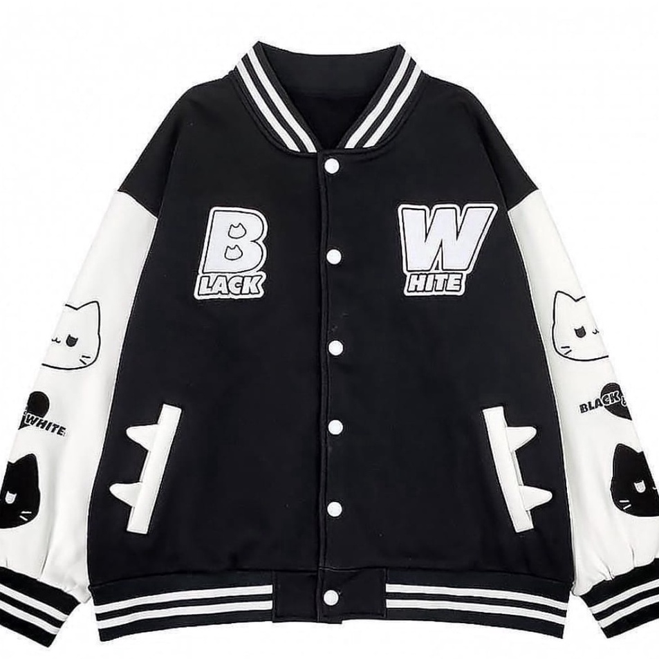 Super Promo BLACK WHITE BASEBALL JAKET VARSITY WANITA | VARSITY JAKET KOREAN STYLE | BASEBALL JAKET 