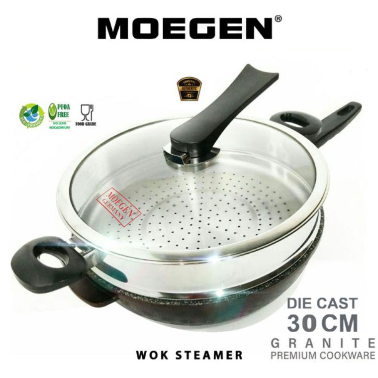 TERLARIS. ORIGINAL MOEGEN Germany wok pan moegen panci wajan  moegen steamer 30cm marble coating waj