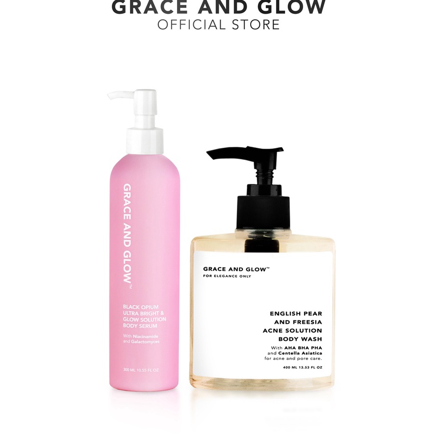 ❁ CM 8494 Grace and Glow English Pear and Freesia Anti Acne Solution Body Wash + Black Opium Bright &amp; Glow Solution Body Serum Bagus!!!!!! ♘
