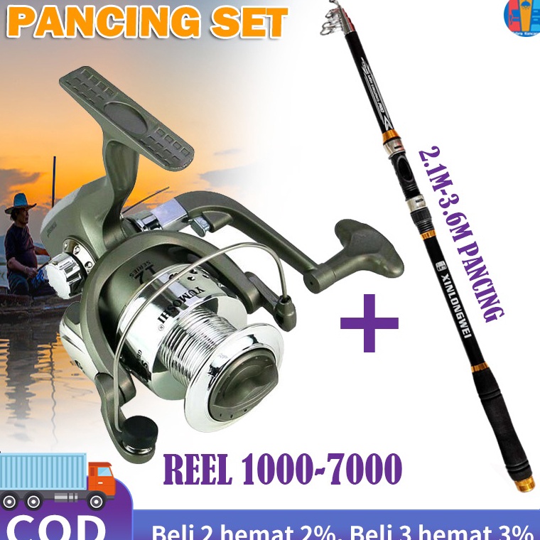 SALE TERBATAS. set alat pancing lengkap  Joran Laut 35 Kg Panjang 2.1-3.6M and Rel Pancing Power Han