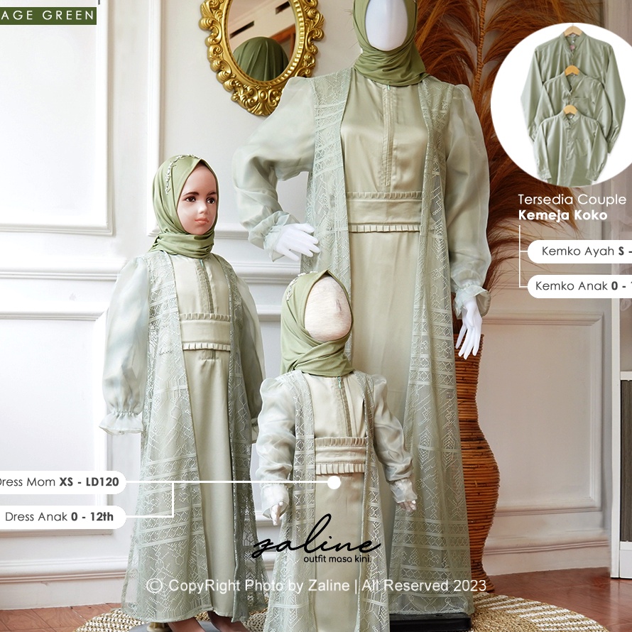 WID541 Zaline - Baju Gamis Dress Couple Family Set Keluarga Hijau Sage Green Outfit Kondangan Pesta 