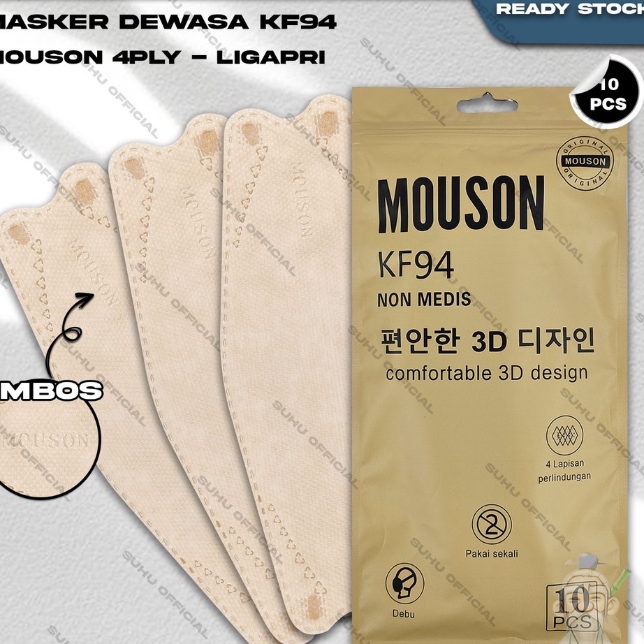 Best Produk Masker KF94 MOUSON 4Ply isi 10Pcs Light Apricot Cream Korea KF 94 4 Ply Earloop Surgical