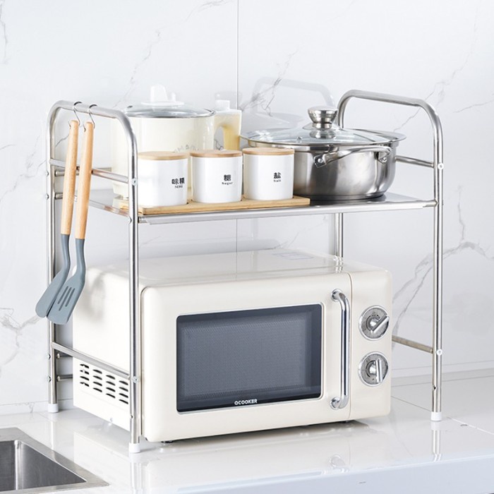 Rak Microwave Oven Stainlees Steel 2 Susun Rak Dapur Bonus 6 Gantungan