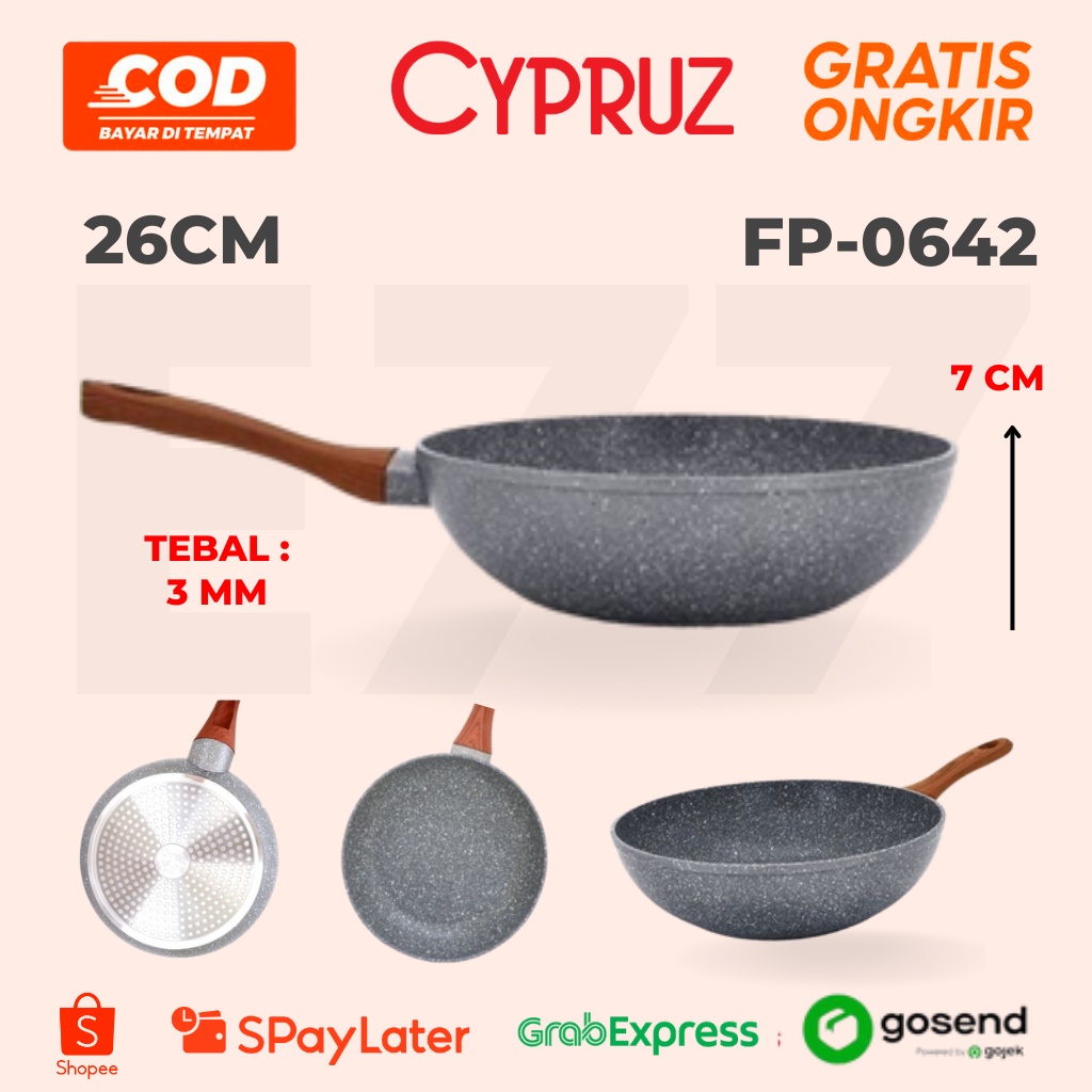 Wajan Anti Lengket Cypruz FP 0642 Fry Wok Wajan Grey Marble Induksi 26cm