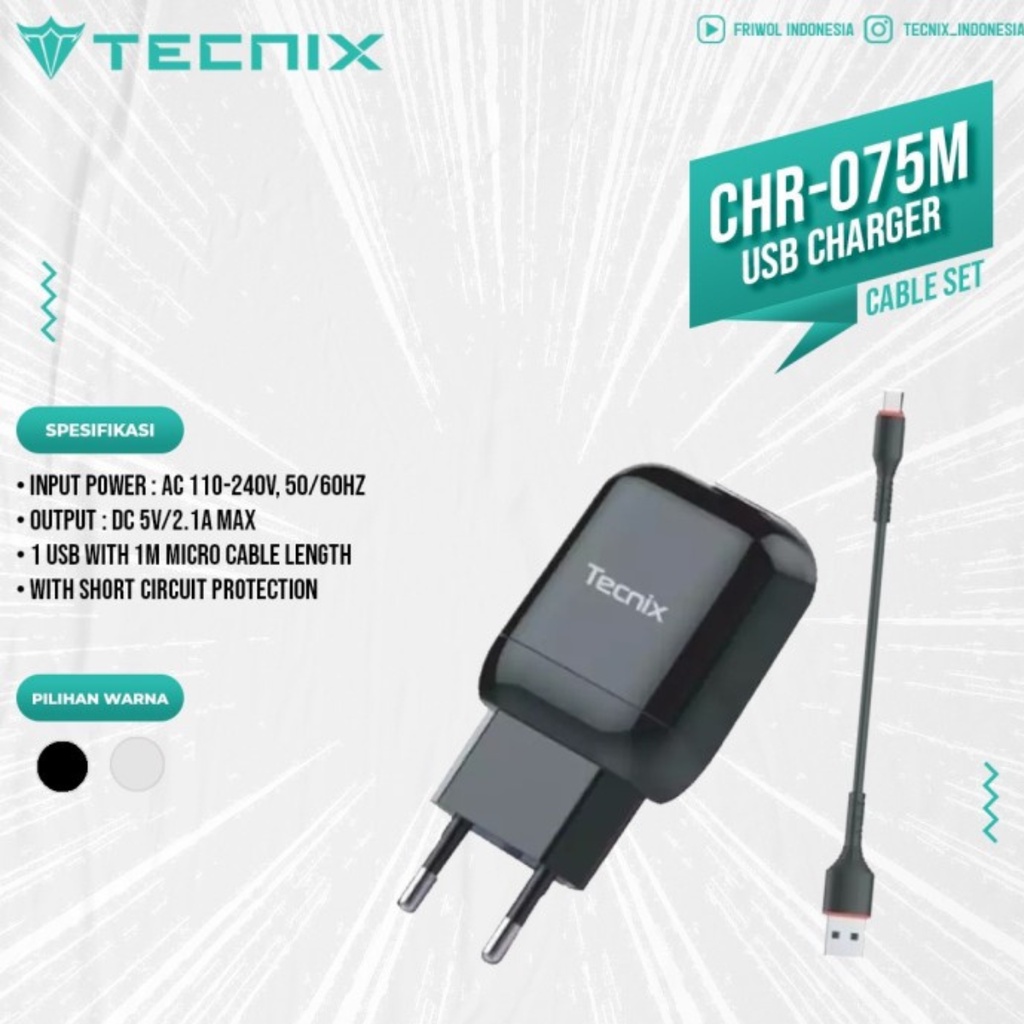 Adaptor Charger Micro Cable Tecnix CHR-075M Fast Charger 2.4A Cas HP Jack Micro USB