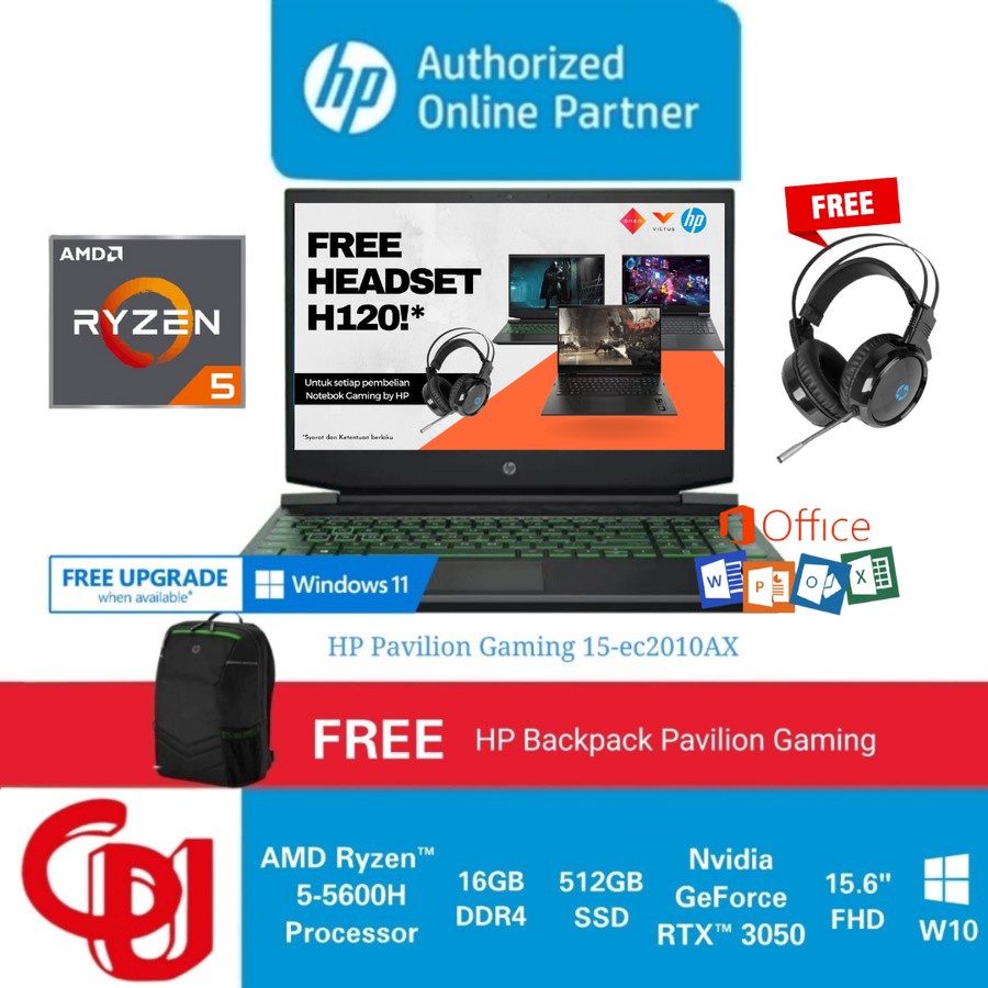 HP Pavilion Gaming 15-ec2010AX Ryzen 5-5600H RTX3050 512GB SSD 16GB