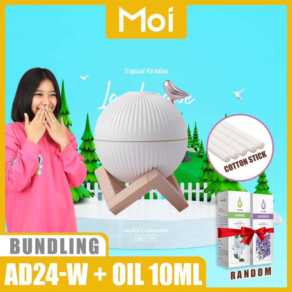 [ PAKET BUNDLING ] Moi 300ML Aesthetic Humidifier Diffuser Air Purifier Aromaterapy Bentuk Sangkar Burung