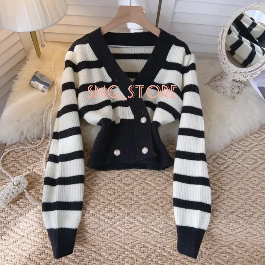 Cardigan rajut  crop strip collar / Outwear wanita lengan panjang