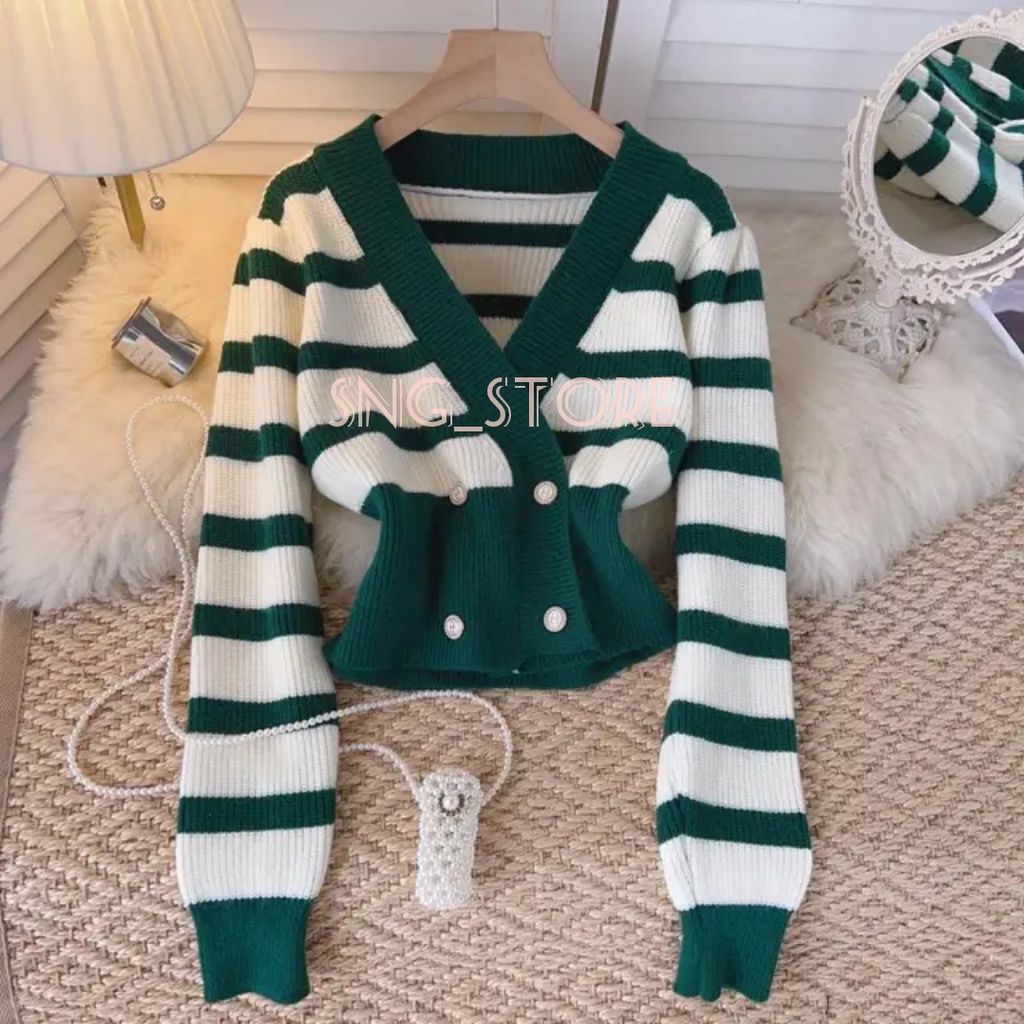 Cardigan rajut  crop strip collar / Outwear wanita lengan panjang