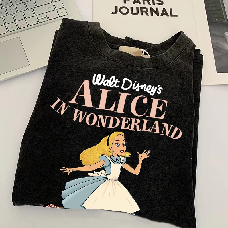 Korean Style Kaos Alice In Wonderland Oversize Washed Sandwash Washing/Vintage T-shirt Hitam Washed Oversize